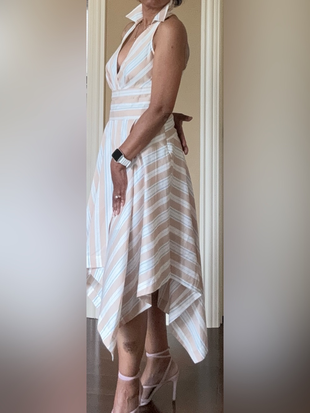 Anthropologie Beige and White Striped Asymmetrical Midi Dress